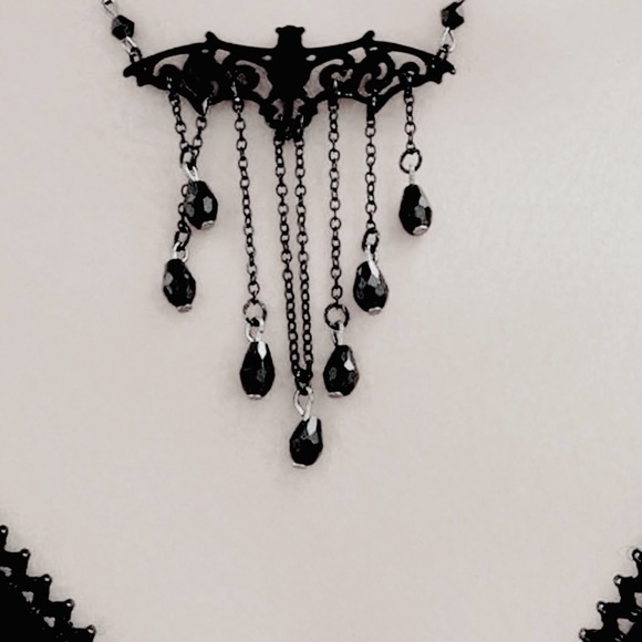 Jewelry - “Victorian Bat” Black Lacey Chandelier Tassel Trim Fancy Gothic Elegant Necklace